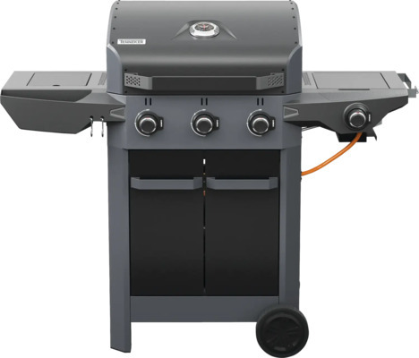 Gasgrill TENNEKER Carbon TG-3 U mit 3 Brenner + Powerzone, gusseiserner Grillrost, Seitenablage mit GN-Behälter, Platfor