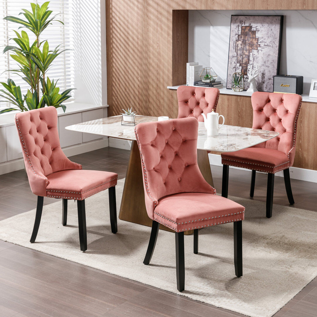 Mercer41 Delafield Lux Kitchen Dining Chairs Pink/Wood 95cm H X 50cm W X 62cm D