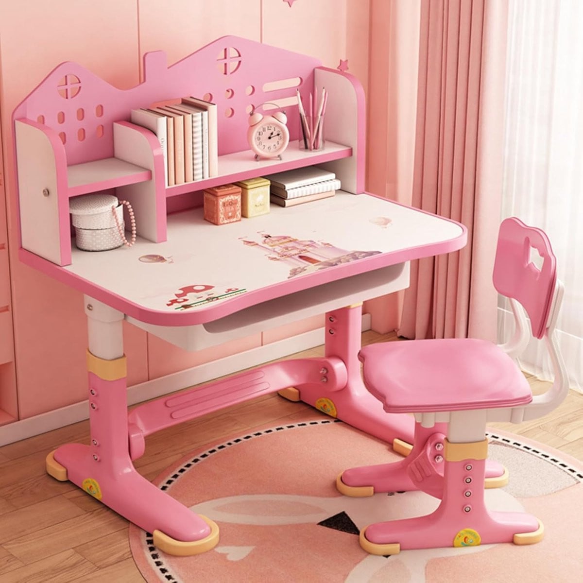 Kinderbureau set met stoel, roze cartoon, in hoogte verstelbaar