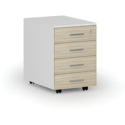 Büro-Rollcontainer PRIMO WHITE, 4 Schubladen, weiß/Eiche natur