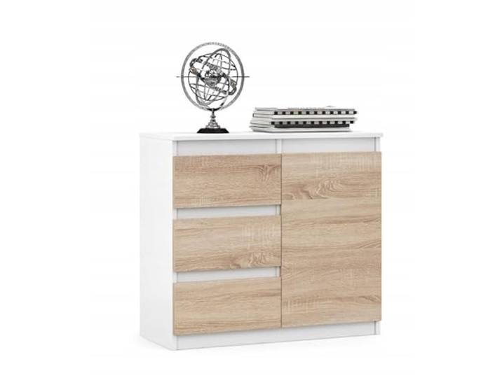 VBChome Kommode 80 x 35 x 75 cm mit 3 Schubladen und 1 Türen Weiß - Eiche Sonoma Grifflose Schubladenkommode Mehrzweckschrank für Flur Schlafzimmer Wohnzimmer