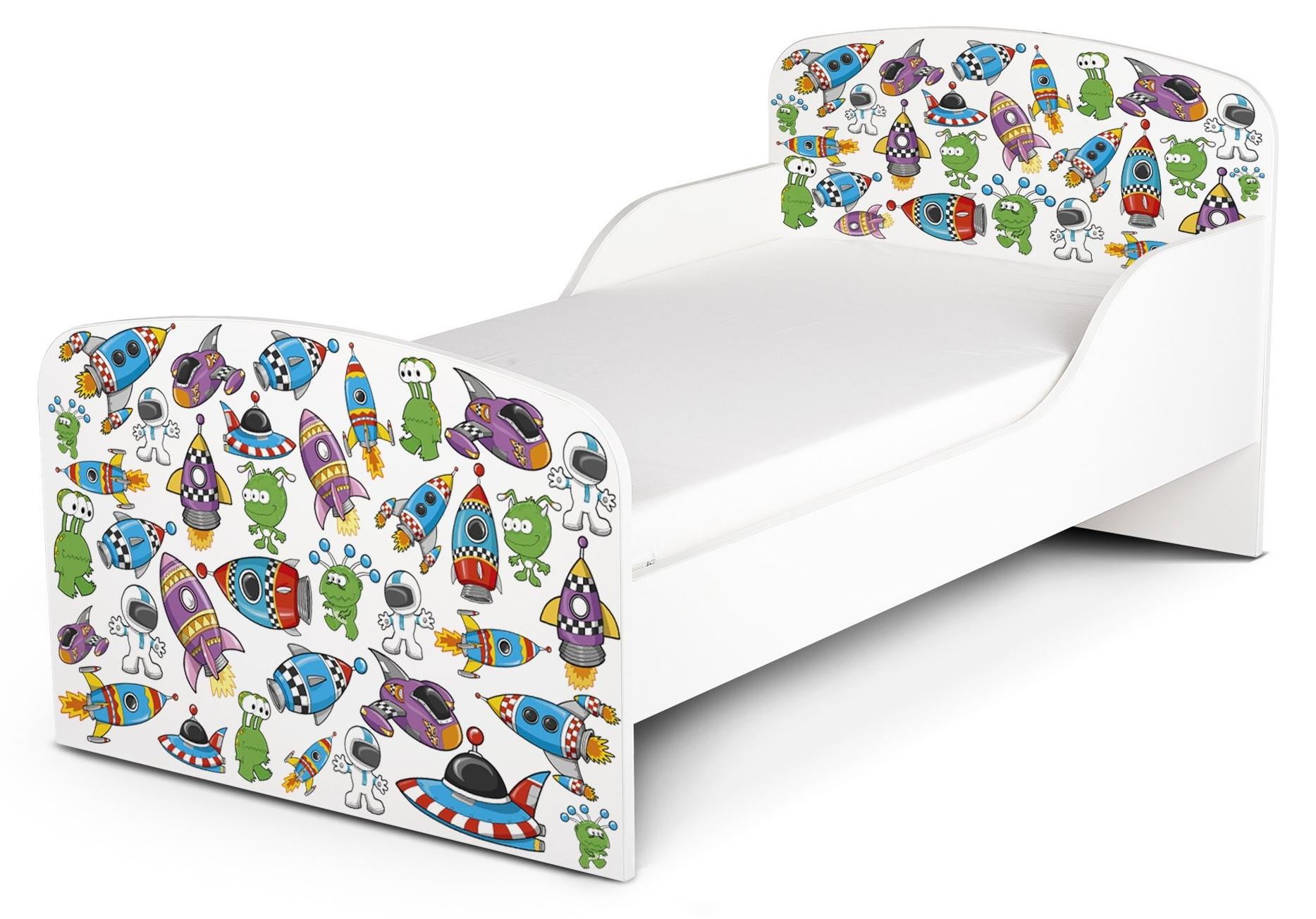 Modernes Weißes Holz-Kinderbett mit Matratzen 140x70 cm und UV-Druck (Raketen)