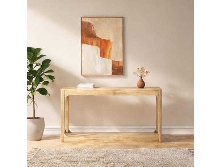 Console 140 cm en MDF teinte naturelle avec rangement ouvert - Idéale derrière un canapé ou en entrée