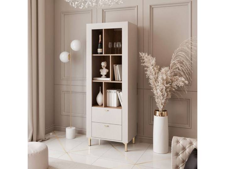 Buffet haut AVENA - 2 tiroirs et 6 compartments - sur pieds - 60x40x169 cm - Cachemire/chêne