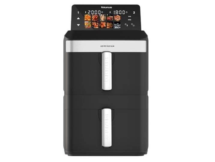 Taurus Fritteuse ohne Öl Duo Slim 13 l 14 Personen 2 Körbe kocht 2 Teller gleichzeitig 10 Programme Timer 90 min kompakt digitaler Touchscreen