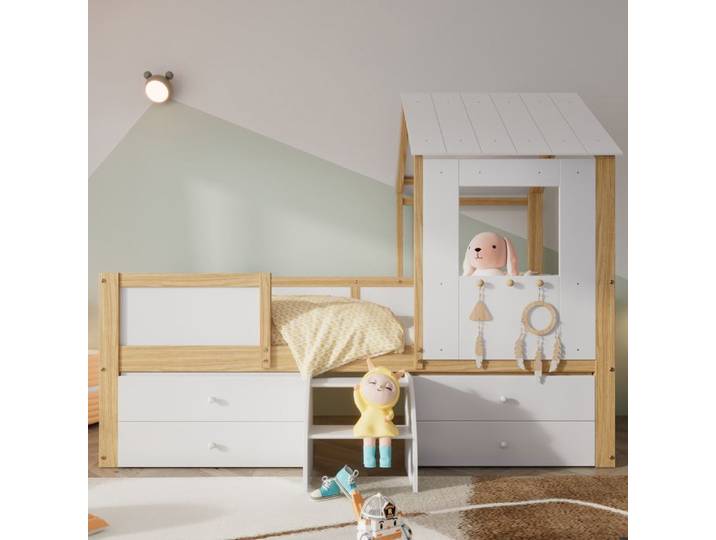 Lit d'enfant - lit mi-haut - maison avec toit et fenêtre -Clôture à quatre côtés - Blanc+Nature - 90x200cm