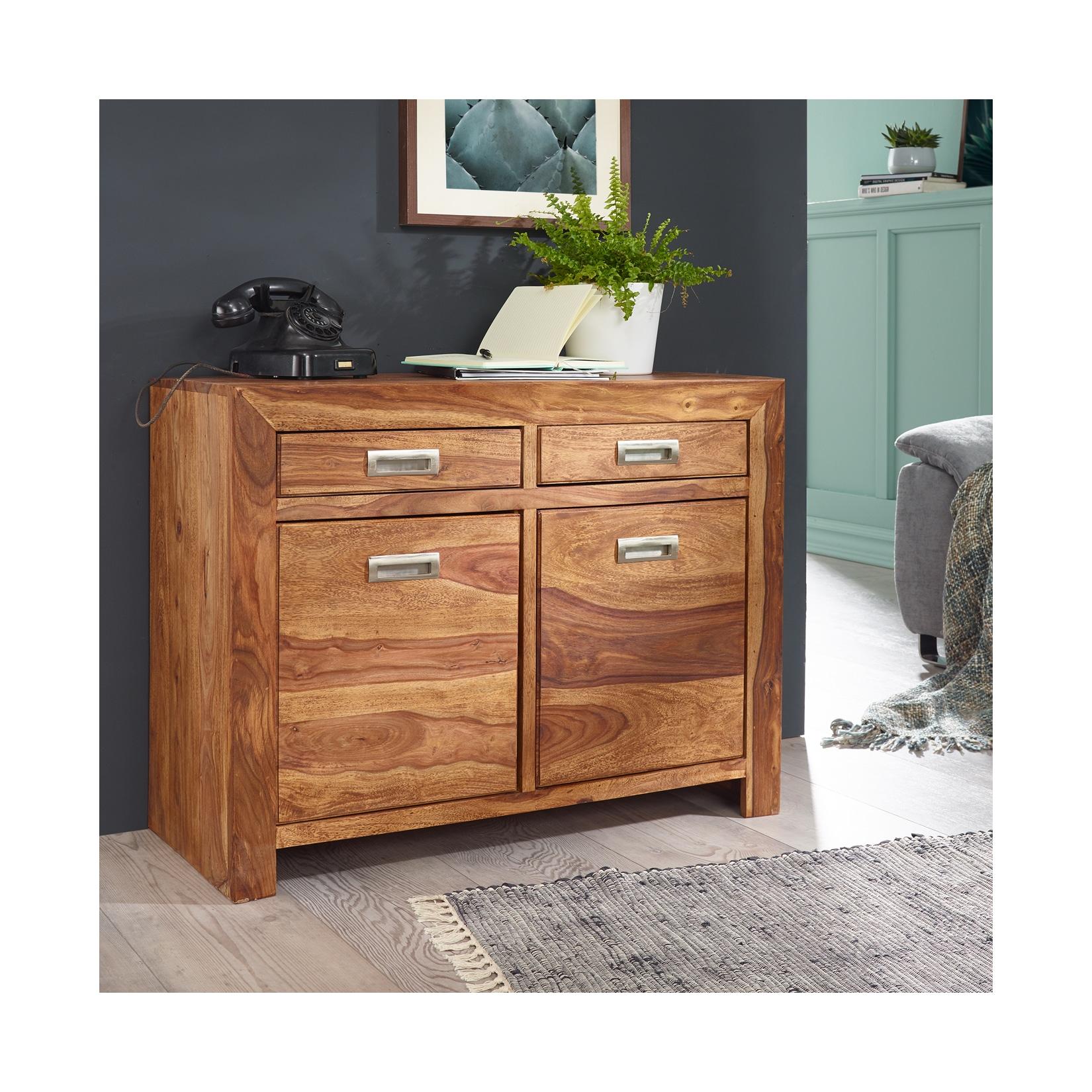 Massivholz Sideboard 90cm Sheesham Kommode mit 2 Türen & 2 Schubladen Landhaus Style