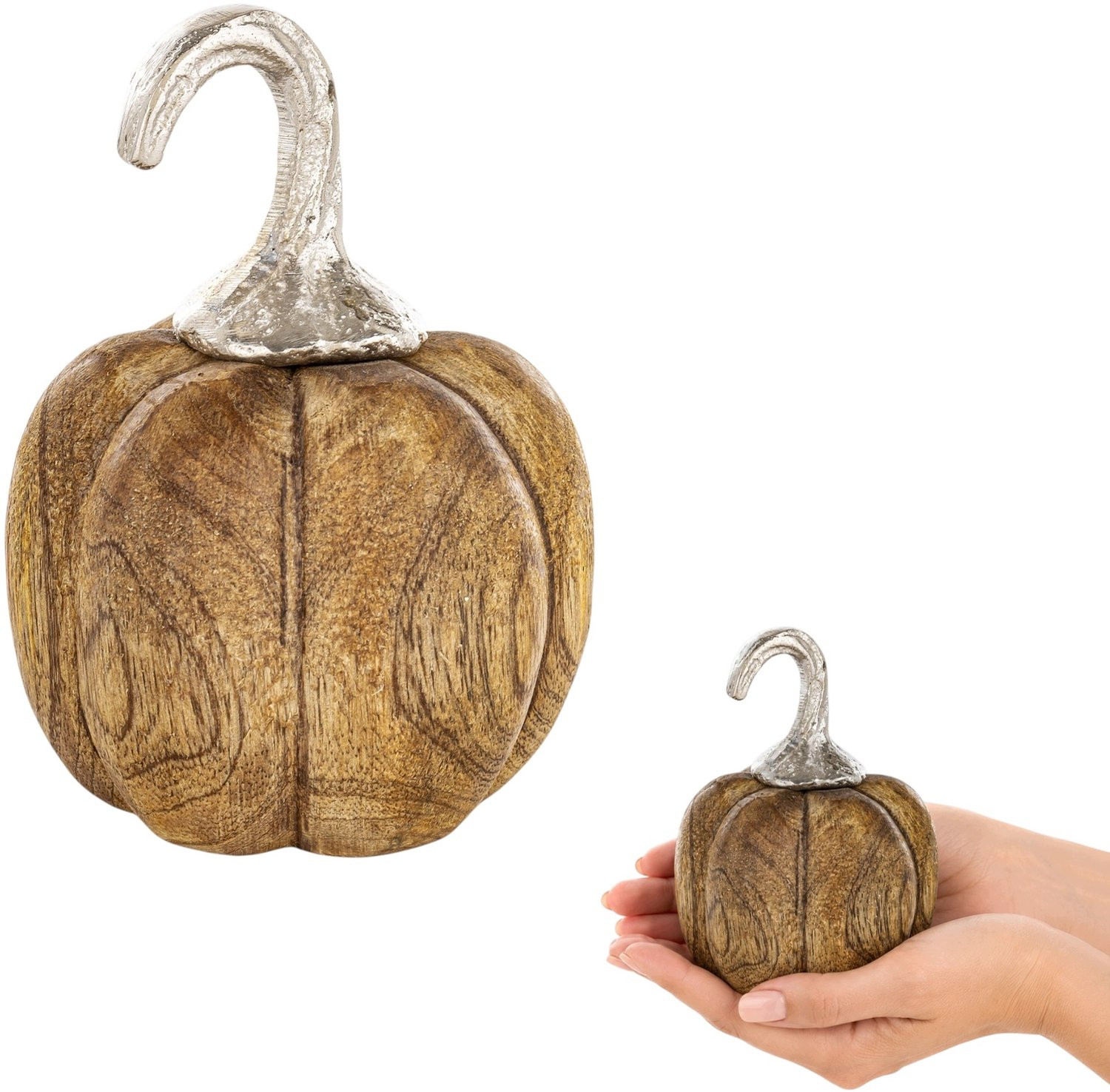 Merkloze Houten Pompoen Decoratie - Bruin/Zilver, Hoogte: 13 cm