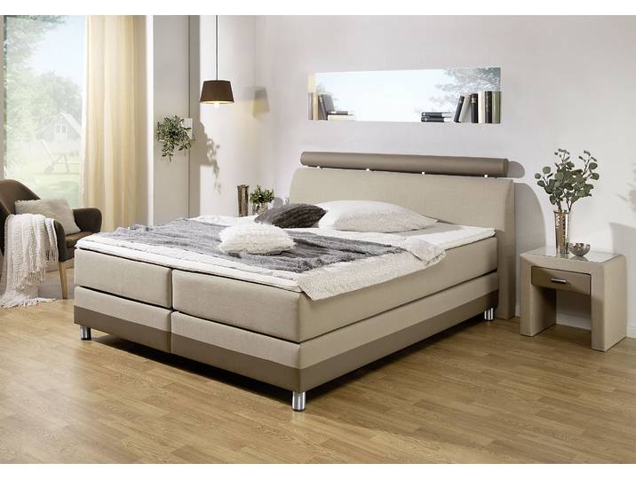 Boxspringbett, Strukturstoff & Kunstleder, Beige, 172×217 cm, 7-Zonen-Tonnentaschenfederkern, Modern, Inosign