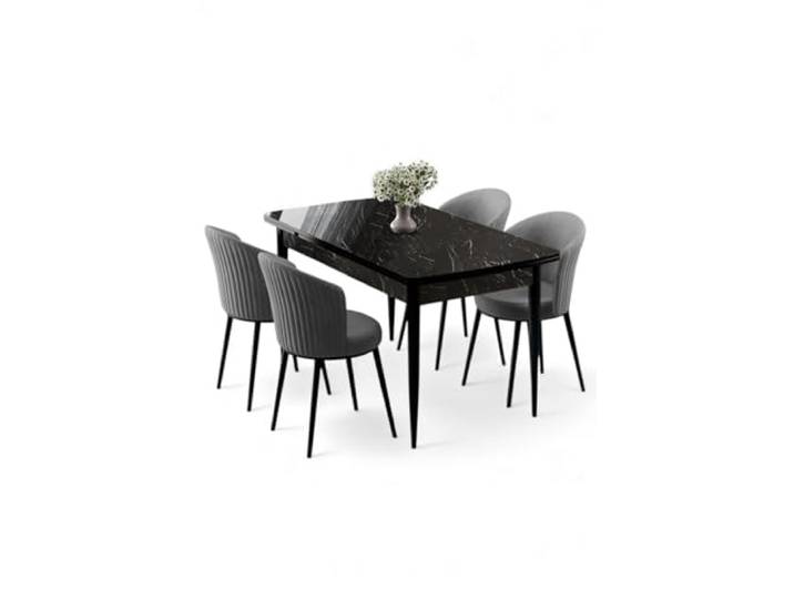 Hanah Home Extendable Dining Table & Chairs Set (5 Pieces), Black Marble & Grey, 130-174 cm 100% MDF, Metal Legs, Modern Design for Stylish Dining