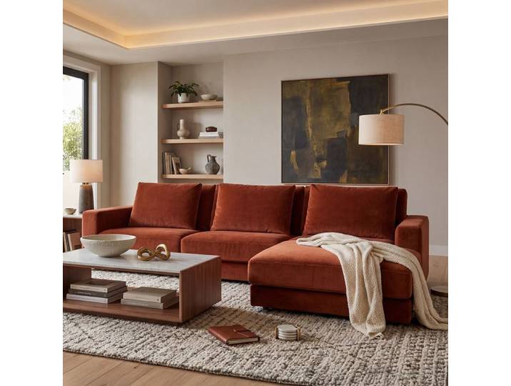Canapé Velours Angle D Teracotta Venezia 5 Pl - Terracotta