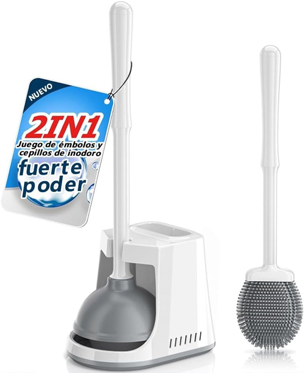 Thijox 2-in-1 Toiletborstel en Ontstopper Set met Houder, Wit, Siliconen en Plastic