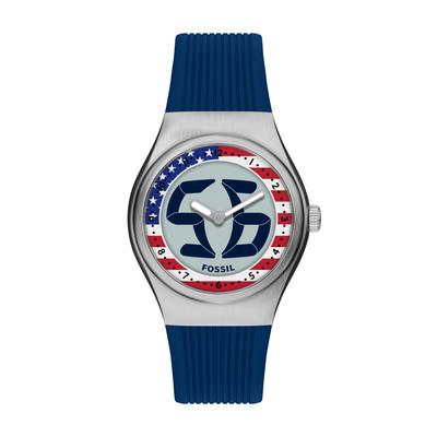 Quarzuhr FOSSIL "World Flags Big Tic", blau (blau, rot, weiß, edelstahlfarben), Armbanduhren, Herren, Quarzuhr, Armbanduhr, Herrenuhr, Silikonarmband, analog, digital