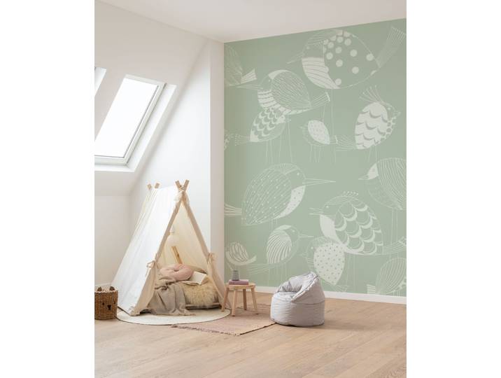 Fototapete KOMAR Vlies Fototapete - Naive Birds - Grösse 200 x 250 cm , grün, B:2m H:250m, Vlies, Tapeten, Fototapete
