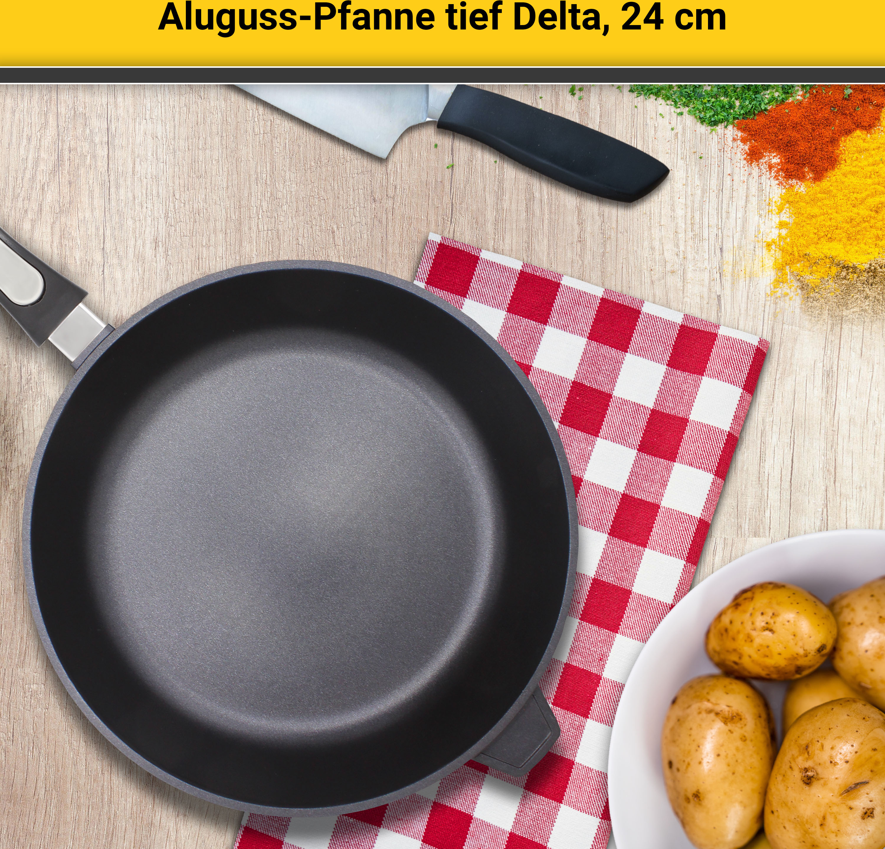 Bratpfanne KRÜGER "Aluguss Pfanne tief DELTA", schwarz, H:6,5cm Ø:24cm, Pfannen, Bratpfanne, für Induktions-Kochfelder geeignet, tiefe Ausführung