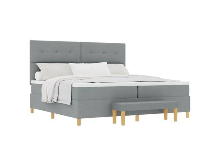 KTHLBRH Boxspringbett hellgrau 200 x 200 cm mit Kopfteil aus Stoff Holztechnik, mittelfeste Schaumstoffmatratze, inkl. Sitzbank, atmungsaktiv, feuchtes Tuch