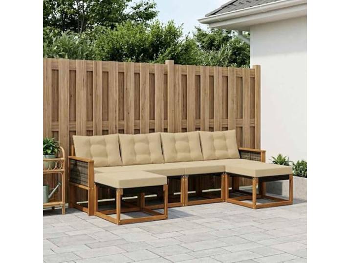 HFMDRMU Outdoor-Sofagarnitur mit Kissen 6-teilig Natur Beige, modulares Sofa aus massivem Akazienholz für Garten und Terrasse, langlebiges Sitzgruppe mit lackierter Oberfläche