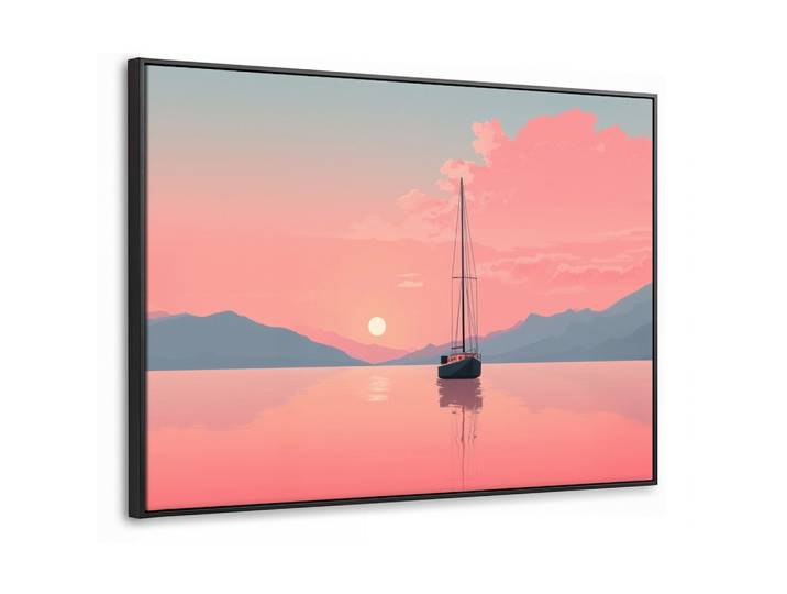 LEINWAND Bilder mit Rahmen - Segelboot - Rosa Meer - Sonnenuntergang - Berge - 80x60