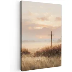 LEINWANDBILD Gras - Morgennebel - Kreuz - Christentum Deko Groß 90x140 cm