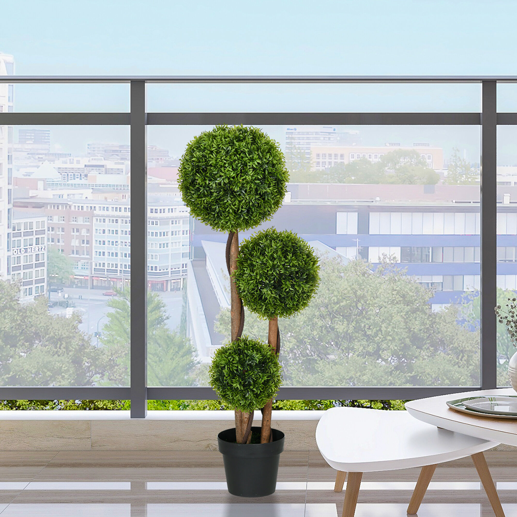 Altro Pianta Di Bosso Artificiale A 3 Sfere Con Foglie Di Bambù, Vaso Incluso, Altezza 110 Cm, Verde