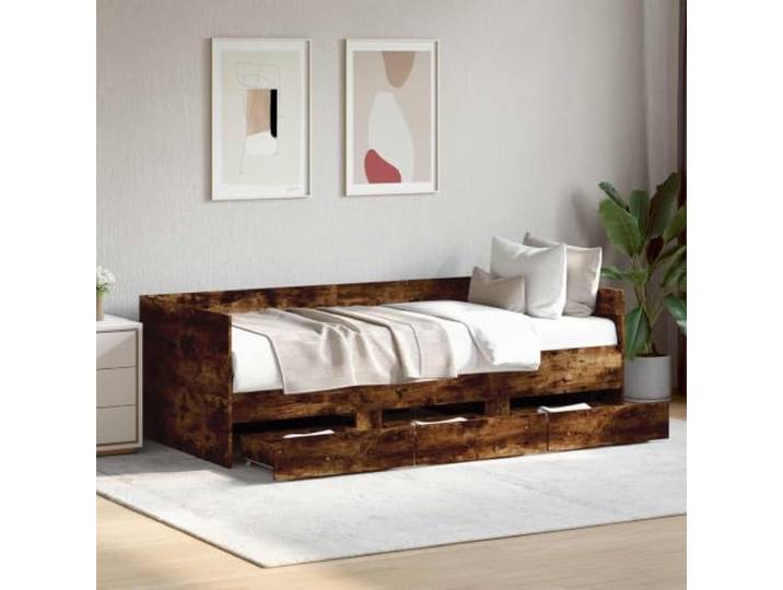 RJPLMFV Beistellbett mit Schublade, Eiche rauchfarben Konstruktionsholz, Rahmen mit festen Latten, Kopfteil Design, integrierte Aufbewahrung