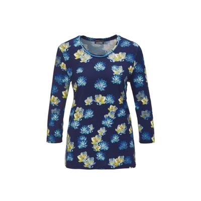 Print-Shirt GOLDNER "Kurzgröße Druckshirt mit Allover-Muster", Damen, Gr. 20, blau (marine, gemustert), Obermaterial: 95% Viskose CV. 5% Elasthan EL., Sonstiges, Shirts, Kontrastpaspel am Ausschnitt