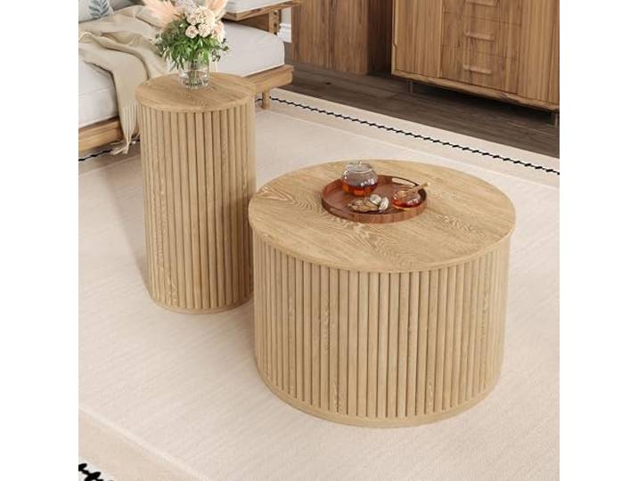 BTM Moderner Couchtisch mit Naturholzlatten, Doppelter Runder Tisch, Beistelltisch Kleiner Couchtisch Wohnzimmertisch für Couch, Holzfarbe