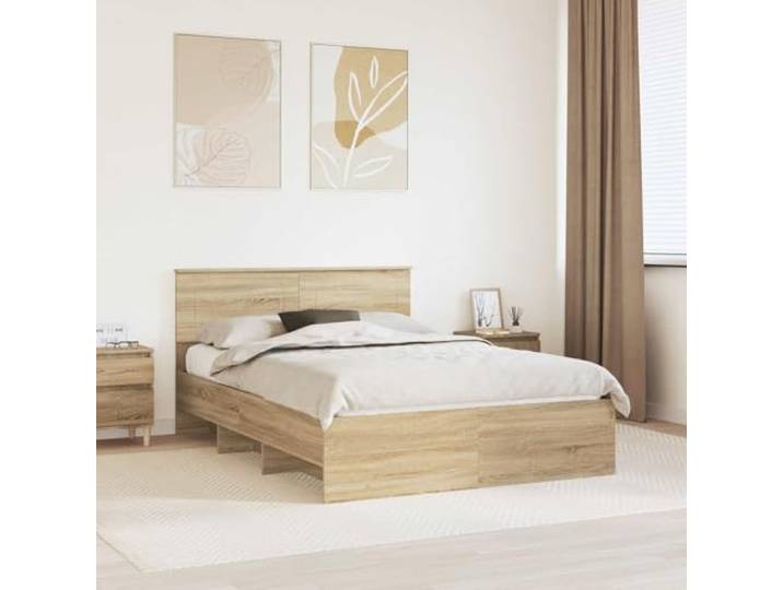 RJPLMFV Bettgestell, Sonoma-Eiche, 140 x 200 cm Mit integriertem Kopfteil, modernes Design, robuste Konstruktion, leicht zu reinigen