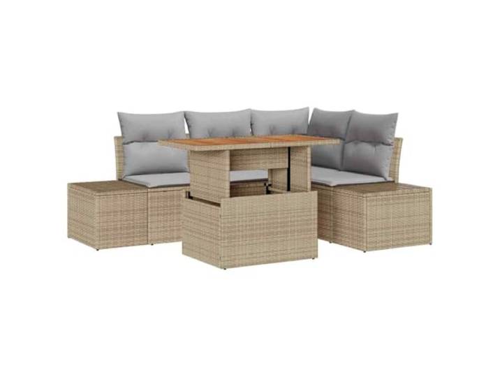 Modulares Sofa Set Garten Polyrattan 5 Stück Beige und Grau mit Polyrattan, pulverbeschichteter Stahl, Akazienholz, verstellbare Beine, Schaumstoffkissen, Schraubendrehermontage