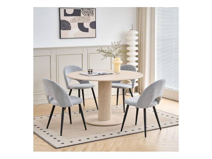 LuxusKollektion Essgruppe Esszimmergarnitur Esstisch 115cm 4 Stühle Stoffbezug Beige Grau