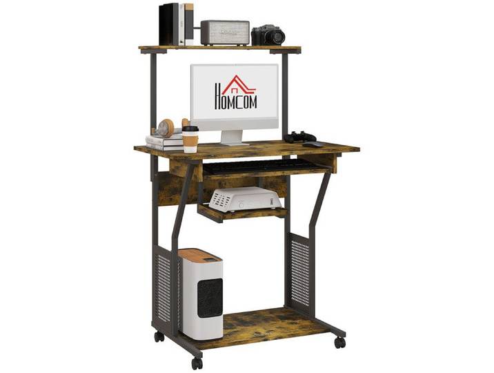 Bureau d'ordinateur roulant - HOMCOM - étagères de rangement poste de travail et plateau pour clavier - 80x50x130cm - marron