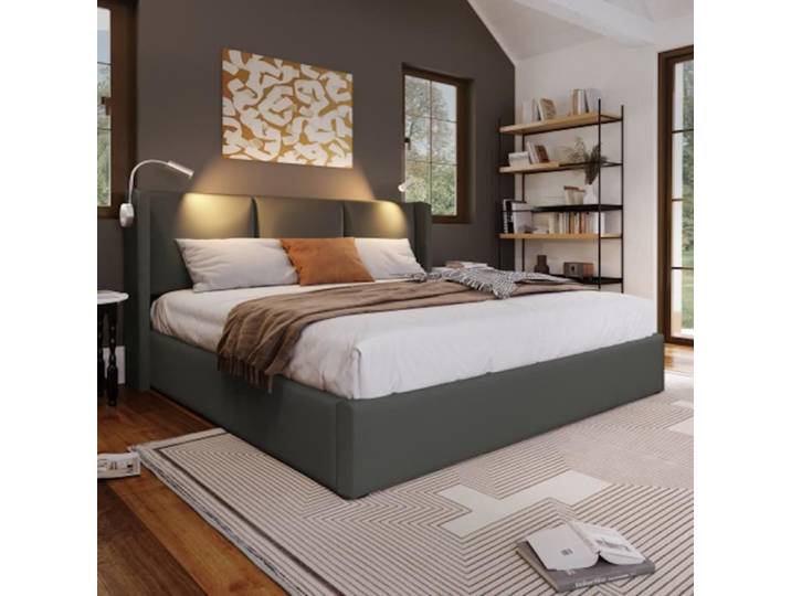 Lit coffre - LUNEX HOME - 140x200 cm - Simili-cuir gris - Tête de lit réglable - Charge USB