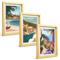 BILDER SET 3er Set - 20x30 cm Goldrahmen - Illustrationen von Küstenstädten