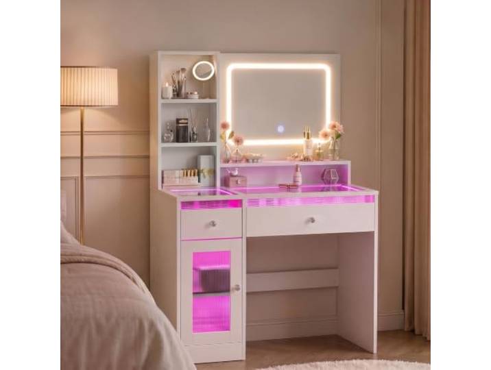 JUMMICO Schminktisch mit Beleuchtung und Spiegel, Weißer Kleiner Schminktisch mit Schubladen & LED-Spiegel, Moderner Frisiertisch mit Stauraum für Make-up, 90 x 58 cm (Weiß-RGB)