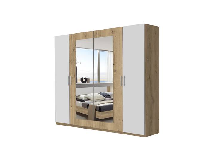 Kleiderschrank mit Spiegel - Plankeneiche - weiß - 225 cm - NORA