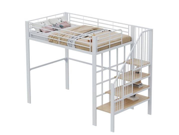 Lit surélevé 140x200 métallique avec rangement sous lit pratique et escalier parfait pour gagner de la place
