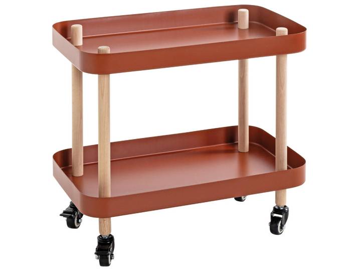 Servierwagen, Natur, Rot, Buche, Holz, Metall, Buche, massiv, rechteckig, rund, 30x47x50 cm, Stauraum, Flaschenfach, offenes Fach, Esszimmer, Barmöbel, Barwagen