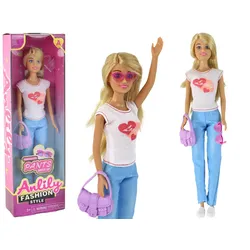 Anlily Kinderpuppe, langes blondes Haar, Handtasche, Brille, weiße Bluse