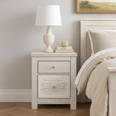 Benjara Paxy Nightstand, 2 Drawers, 2 USB Ports, Laminate Whitewash Finish