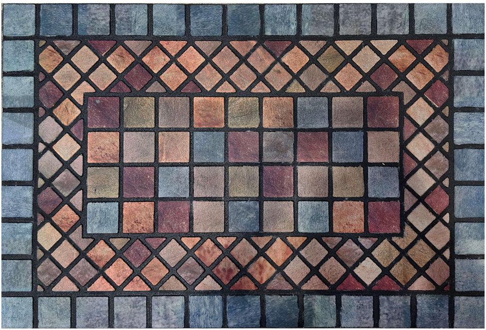 NICOMAN Recycled Rubber Elegant Tile Doormat Blue Border 44cm W X 75cm L