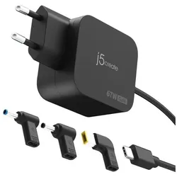 j5Create JUP1565DCE3A-EN GaN-PD-USB-C-Mini-Ladegerät mit 67 Watt und 3 EU-konformen DC-Steckverbindertypen (67 W), USB Ladegerät, Schwarz