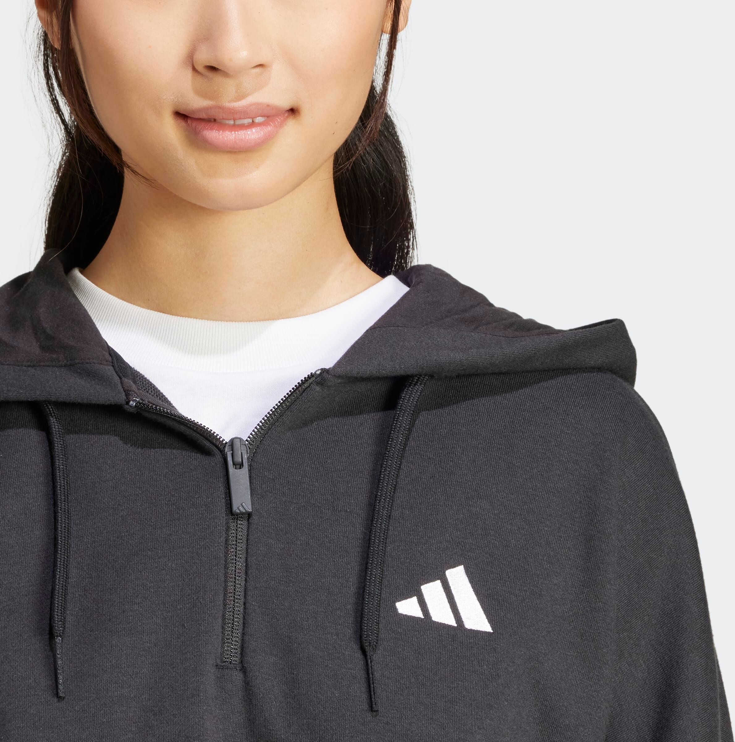 Kapuzensweatshirt ADIDAS SPORTSWEAR "ESSENTIALS 3-STREIFEN FRENCH TERRY QUARTER-ZIP HOODIE", Damen, Gr. XXL, schwarz-weiss (schwarz, weiß), Obermaterial: 55% Baumwolle, 36% Polyester, 9% Viskose, angesetztes Bündchen, Sweatshirts Kapuzensweatshirt schwarz