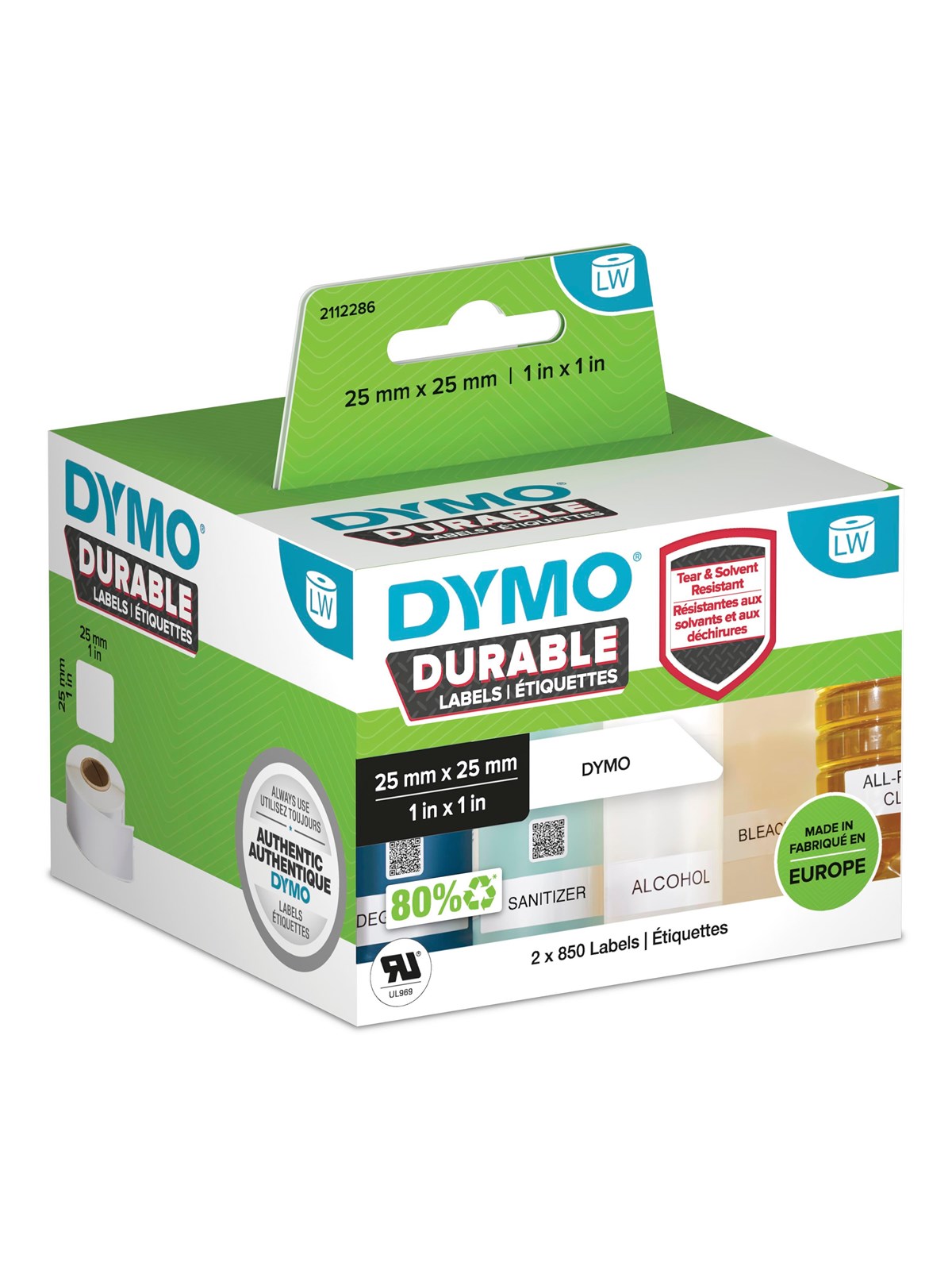 DYMO LabelWriter Hochleistungs-Etiketten | 25 mm x 25 mm | weißes Kunststoff-Etikett | Rolle mit 1.700 Etiketten