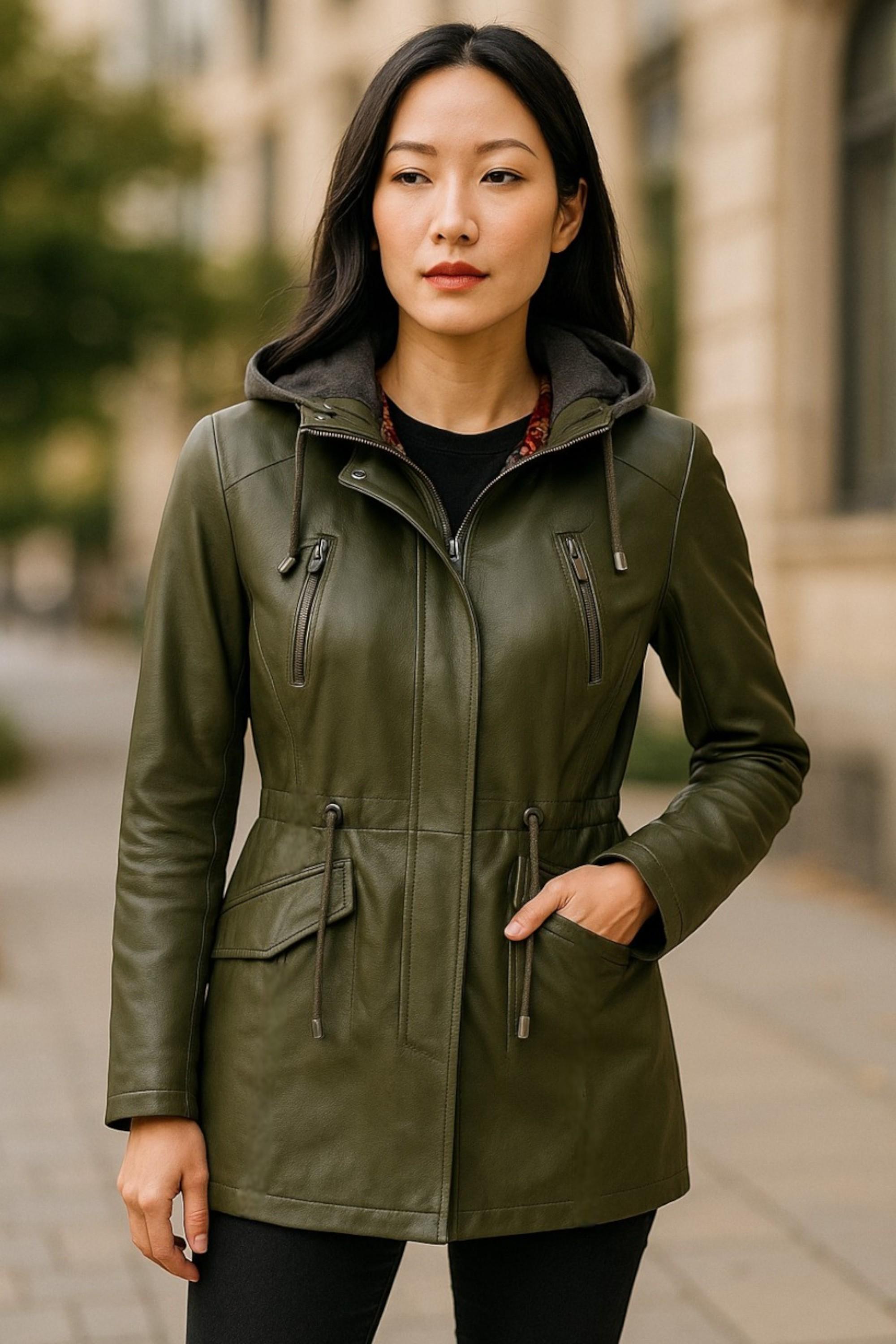 Grüne Parkajacke aus Leder mit Kapuze für Damen – Clare
