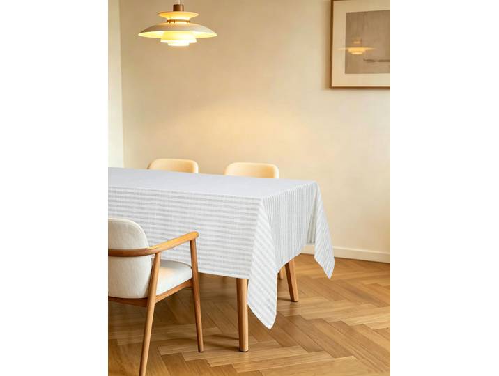 Tischdecke GOODPRODUCT Marric 1 Stück, halbtransparent, Dekoration Gr. 5, weiss (beige), B:135cm L:250cm, Polyester, Tischdecken, Tischdecke, halbtransparente Tischdecke, Leinenoptik mit Streifen