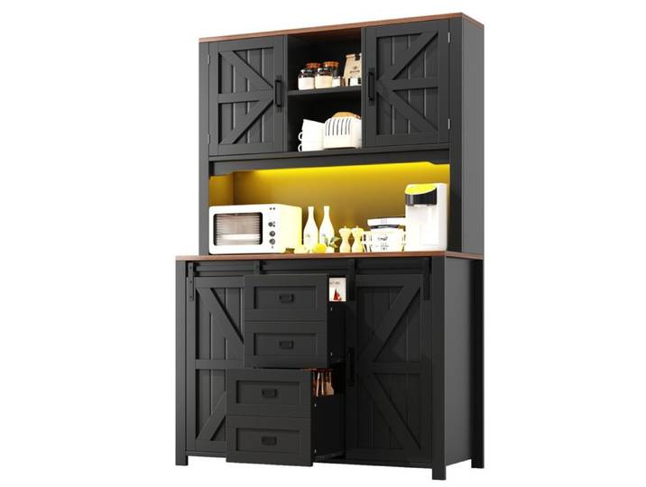 Buffet de cuisine LED - Noir - portes coulissantes style vintage 115 x 40 x 174 7 cm