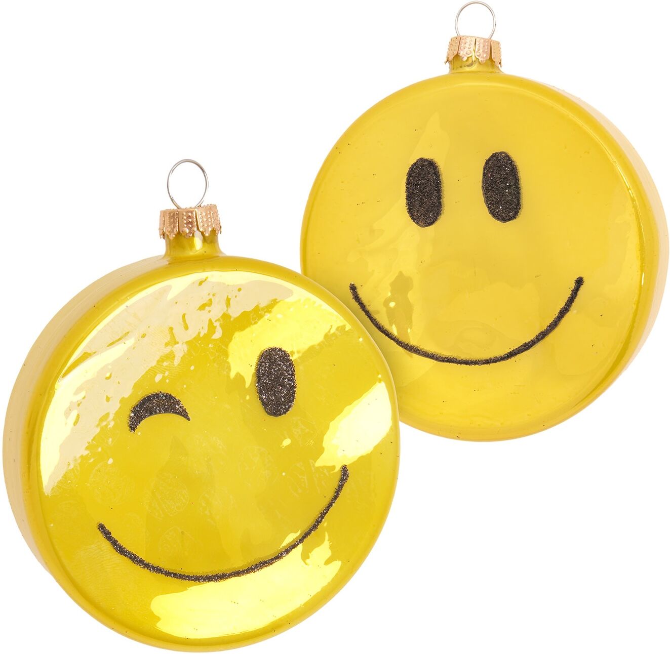 Weihnachtsbaumkugel KREBS GLAS LAUSCHA "Baumschmuck Taler lachendes Doppel-Gesicht gelb 8cm", gelb, B:8cm H:8cm T:2cm Ø:8cm, Glas, Weihnachtsbaumkugeln, Dekoriert mit Liebe zum Detail
