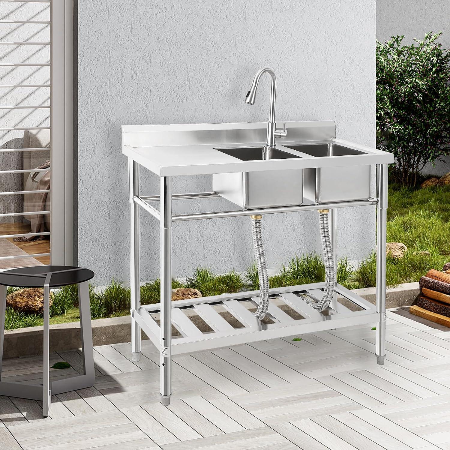 Industrielle Doppelspüle aus Edelstahl von Garvee, 99 x 45,7 x 101,6 cm, mit herausziehbarem Wasserhahn, Arbeitsplatte, Abtropfgestell und abnehmbarem Filter
