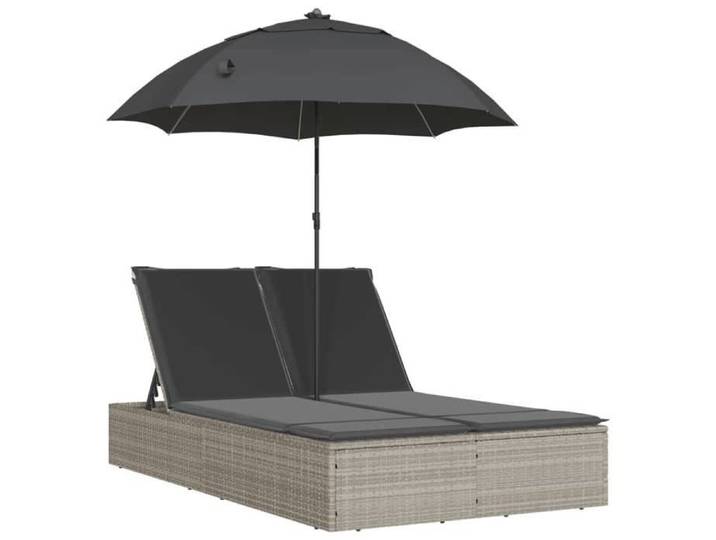 (52441)Bains de soleil/transat CHIC Chaise longue double avec coussins et parasol gris clair rotin FR