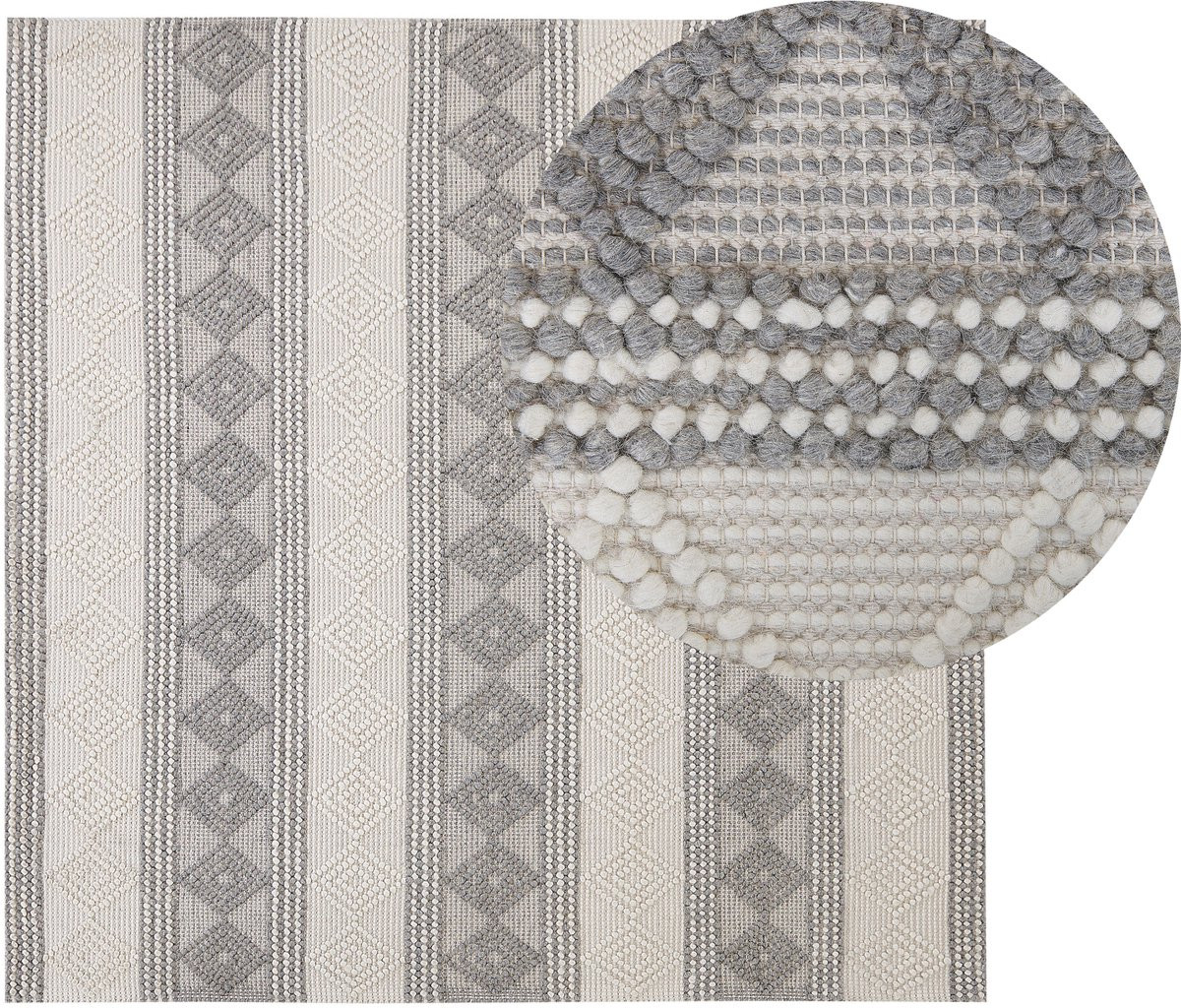 Bozova Handgeweven wollen vloerkleed met geometrisch patroon in boho stijl, lichtbeige en grijs, 200 x 200 cm